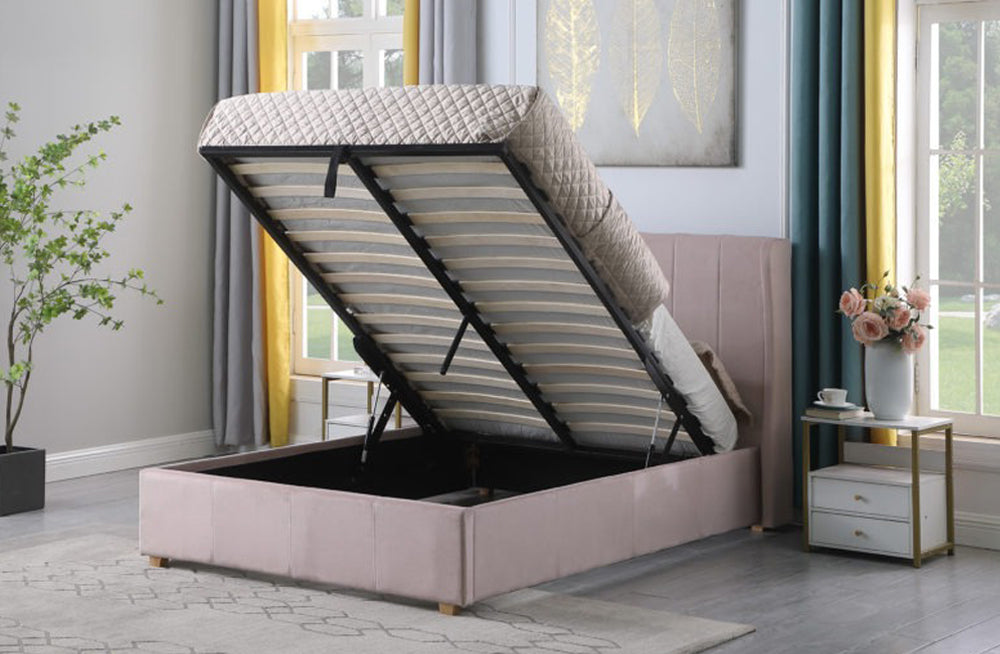 Amelia Plus 4'6" Storage Bed Pink Velvet Fabric furnishopuk