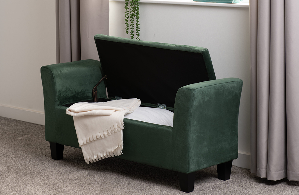 Amelia Storage Ottoman Green Velvet Fabric furnishopuk