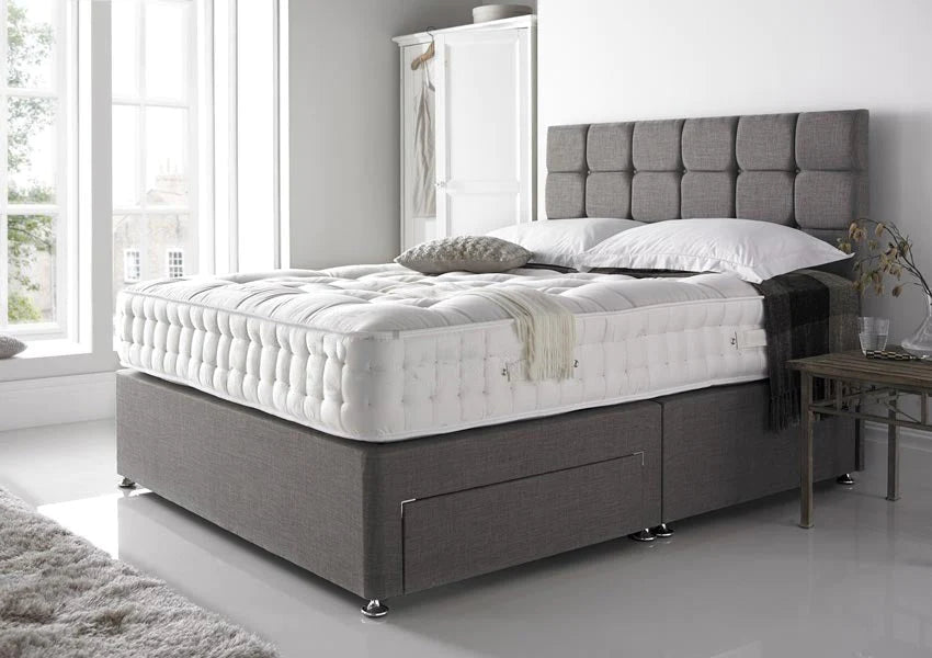 Grey Linen Divan Set with Cube Headboard & Optional Orthopedic Mattress