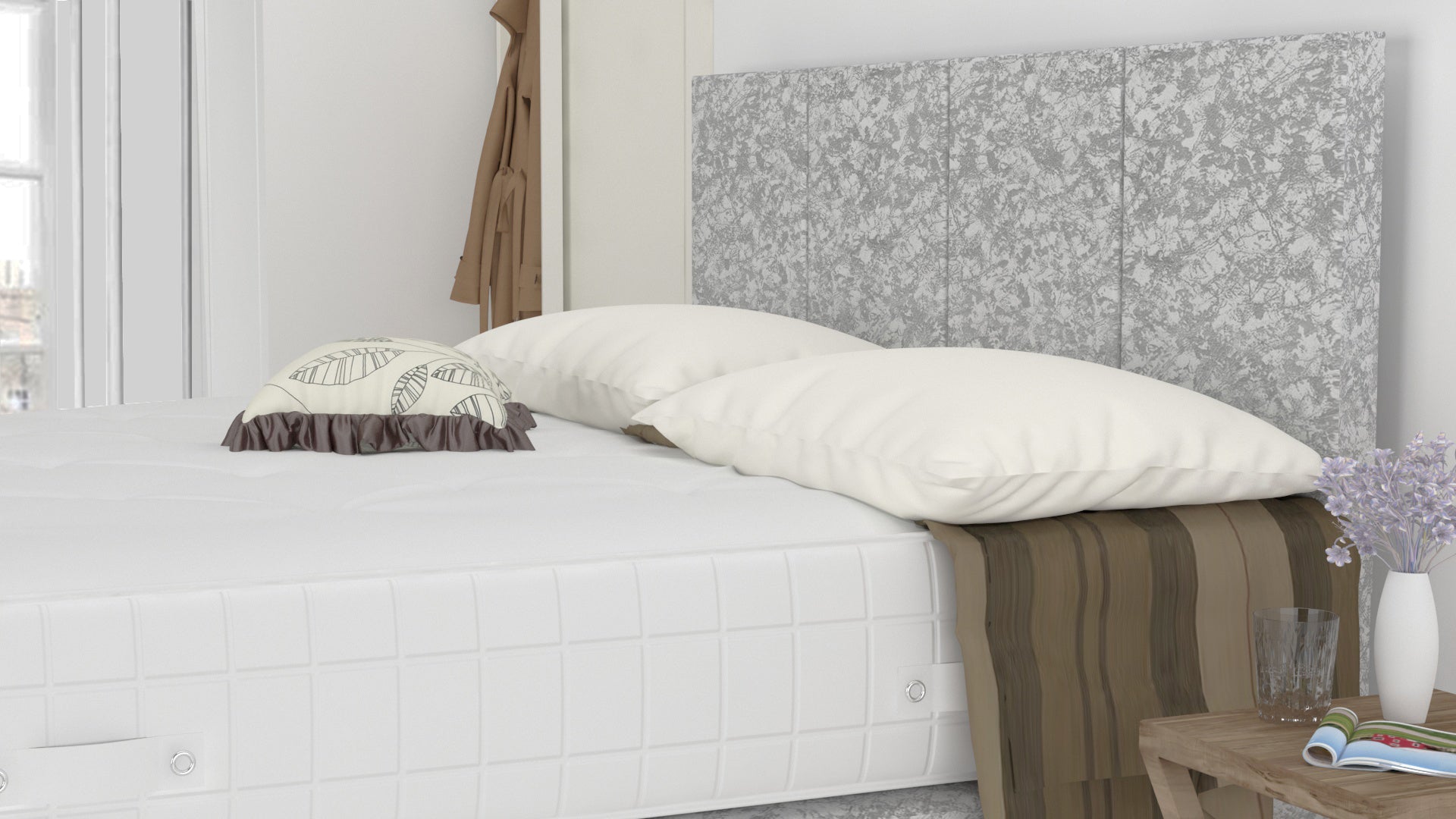 Silver Crushed 5 Feet Divan Bed Set With 4 Panel Headboard (Included Feet) And Free Tinsel Top Mattress