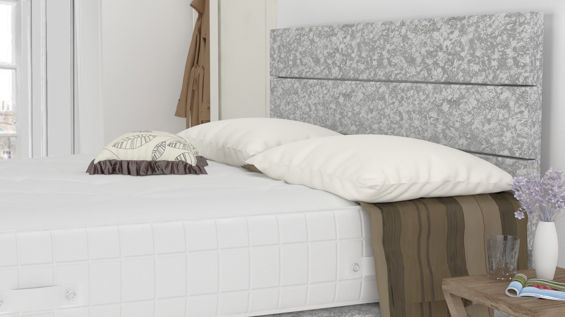 Silver Crushed 6 Feet Divan Bed Set With 3 Panel Headboard (Included Feet) And Free Pillow Top Mattress