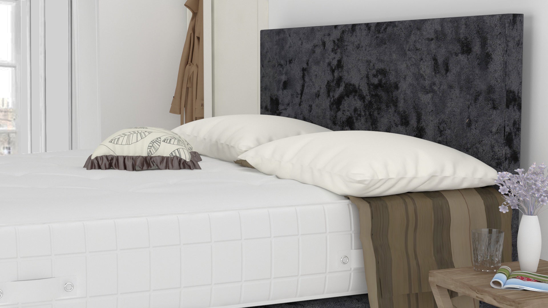 Black Crushed 5 Feet Divan Bed Set With Plain Headboard (Included Feet) And Free Memory Foam Mattress