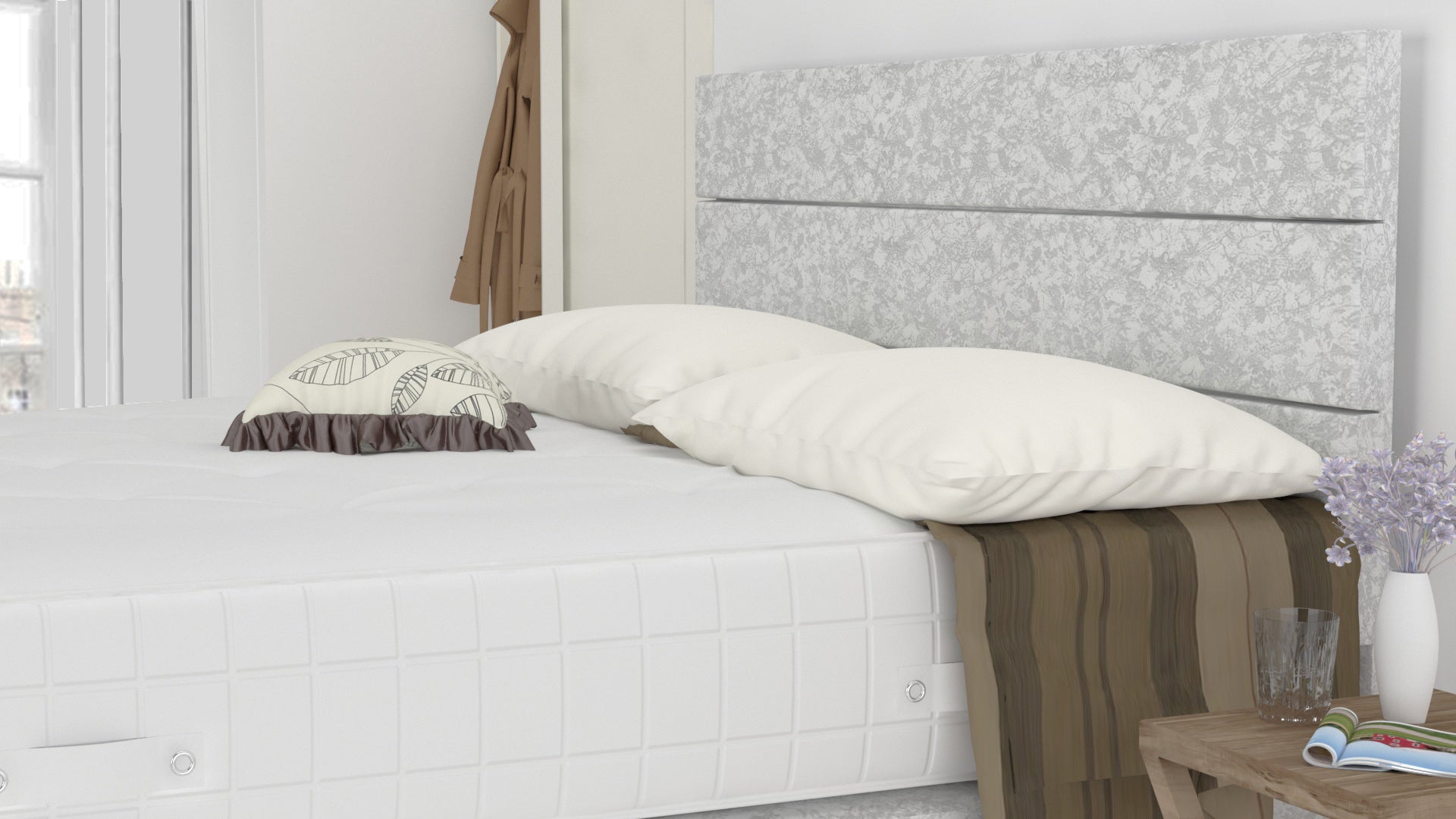 White Crushed Velvet 6 Feet Divan Bed With 3 Panel Headboard (Included Feet) And Free Pillow Top Mattress