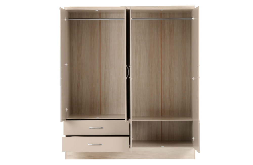 Nevada 4 Door 2 Drawer Mirrored Wardrobe - Oyster Gloss/Light Oak Effect Veneer