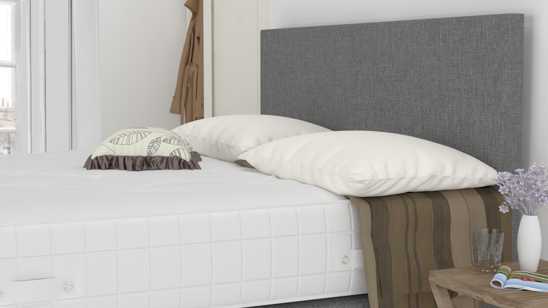 Grey Linen 5 Feet Divan Bed Set With Plain Headboard (Included Feet) And Free Memory Foam Mattress