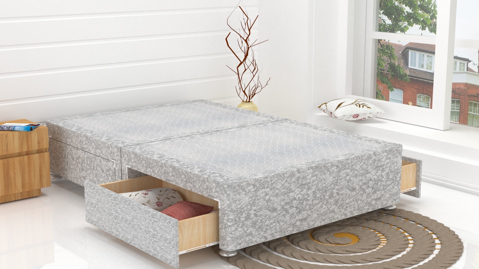 Silver Crushed Velvet Divan Base Feet Included