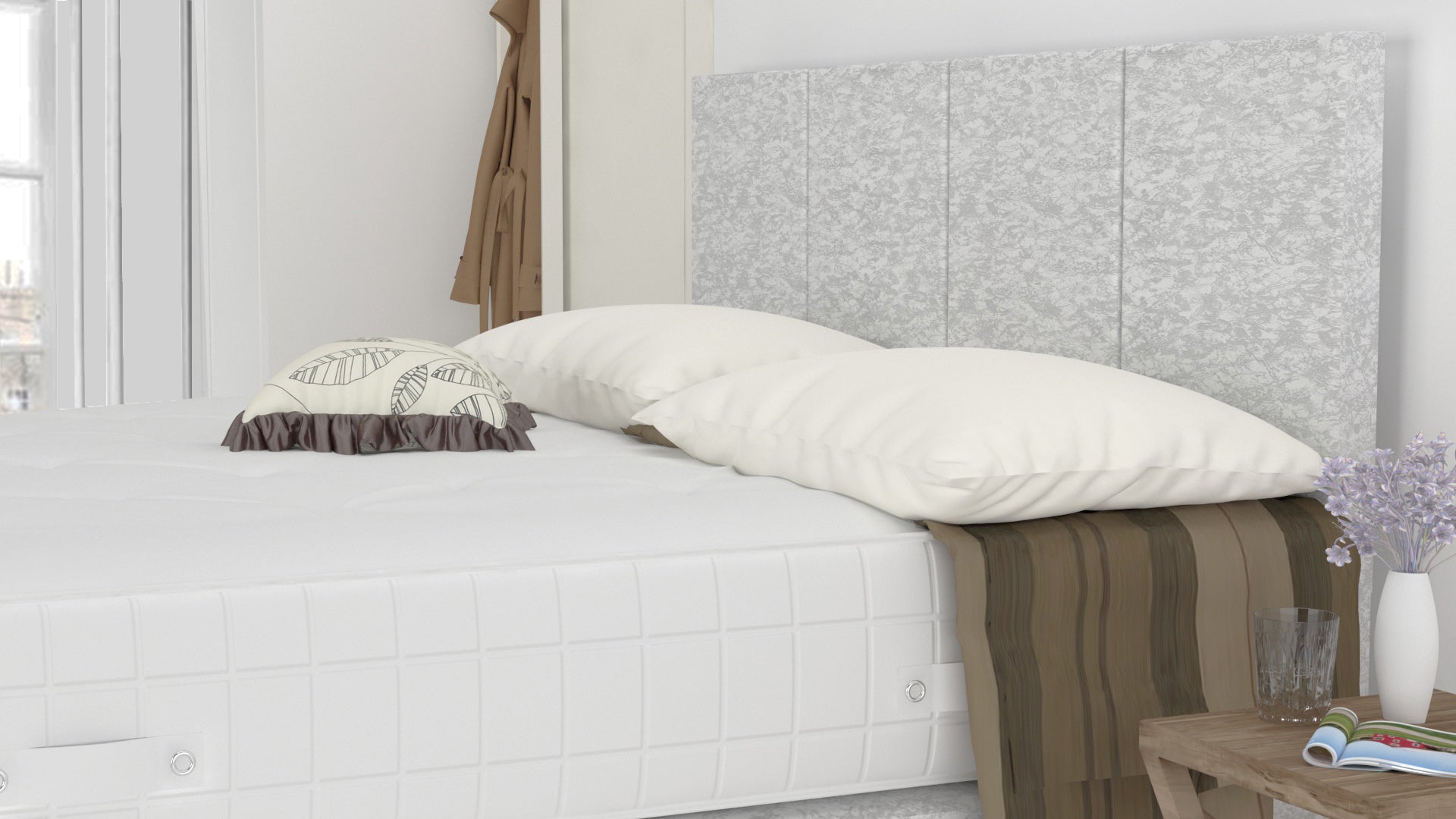 White Crushed Velvet 5 Feet Divan Bed With 4 Panel Headboard (Included Feet) And Free Tinsel Top Mattress