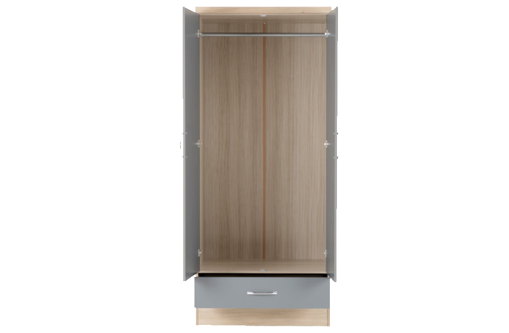 Nevada 2 Door 1 Drawer Wardrobe - Grey Gloss/Light Oak Effect Veneer - furnishopuk