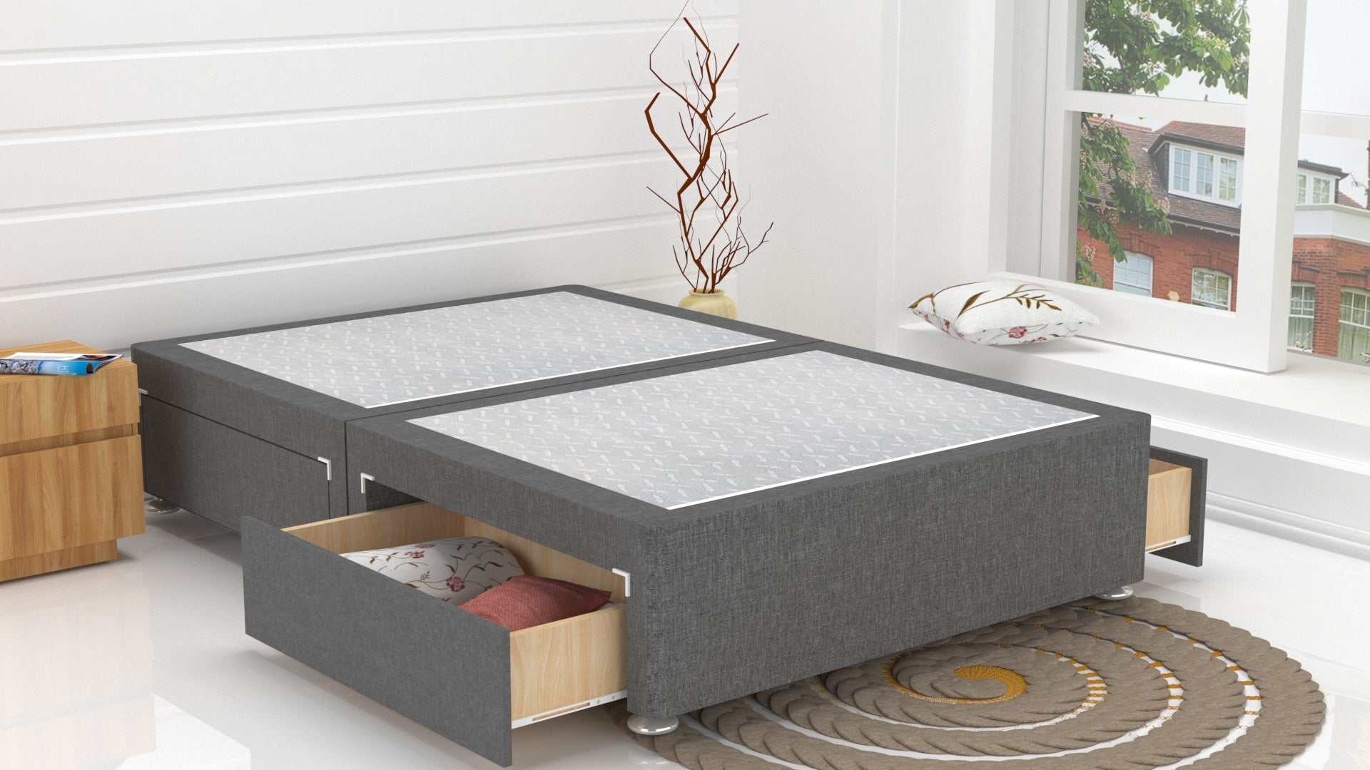 Grey Linen Divan Base Feet Included