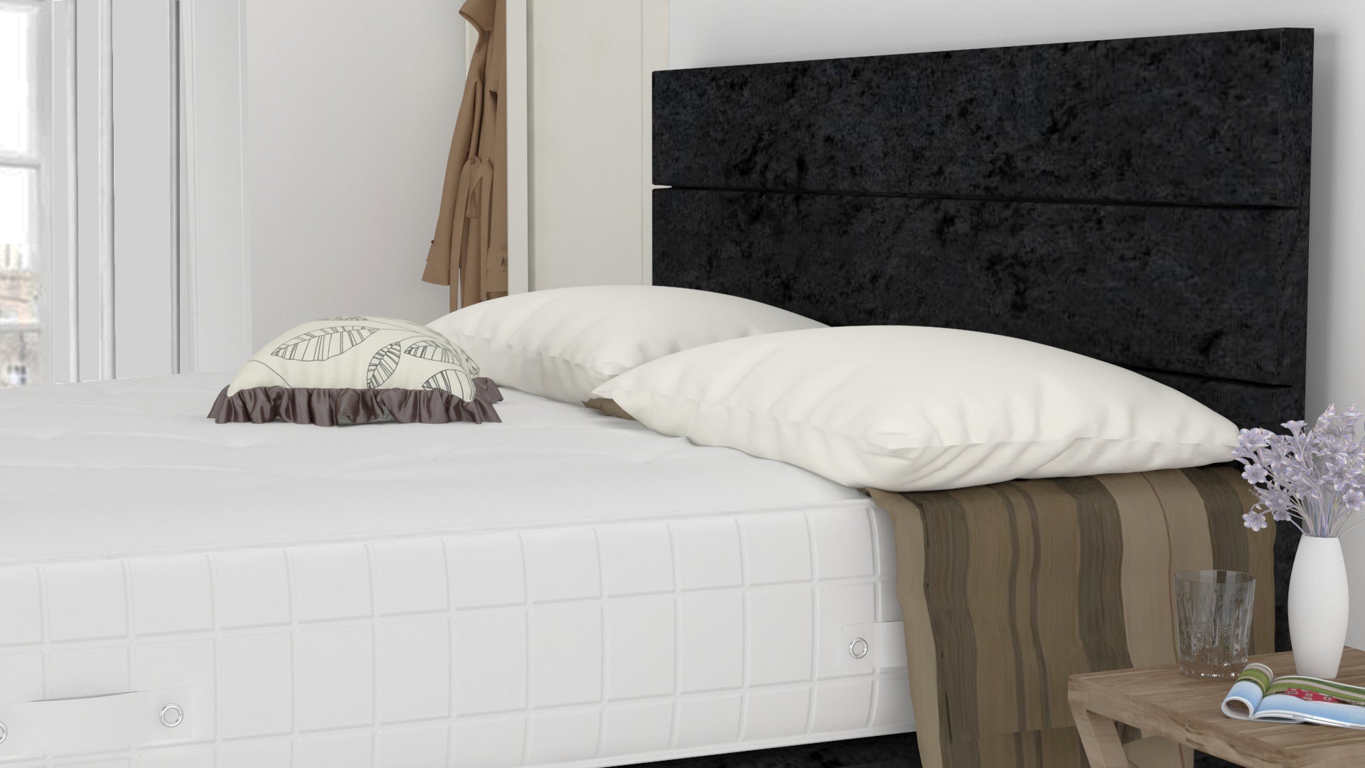 Black Crushed 5 Feet Divan Bed Set With 3 Panel Headboard (Included Feet) And Free Pillow Top Mattress