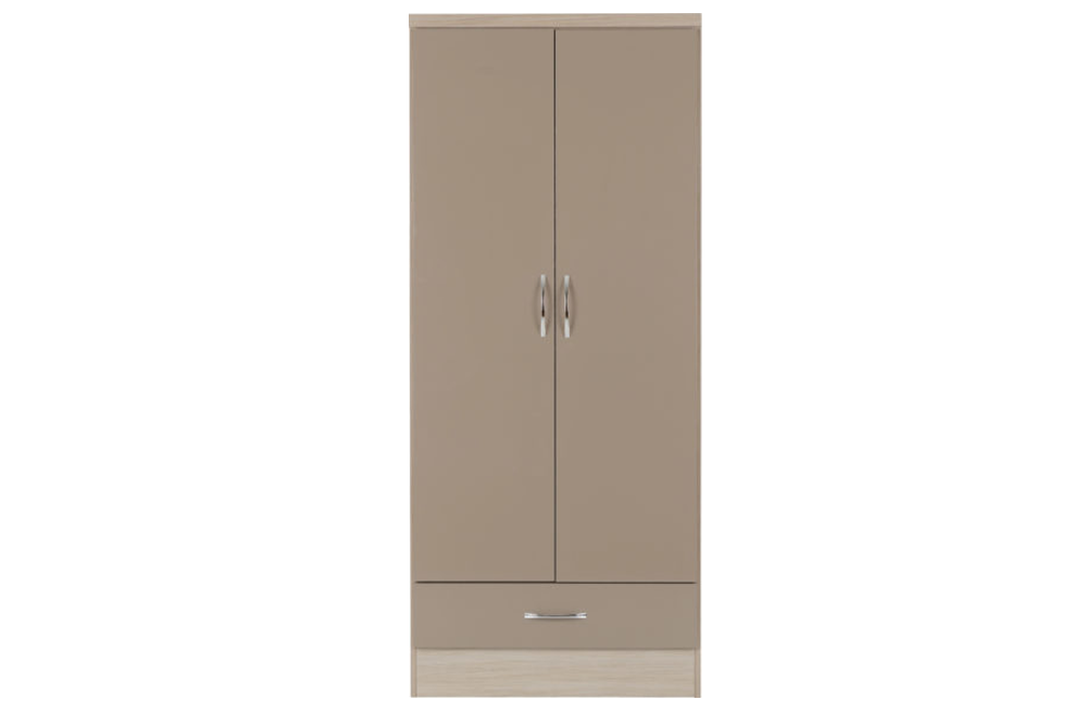 Nevada 2 Door 1 Drawer Wardrobe - Oyster Gloss/Light Oak Effect Veneer - furnishopuk