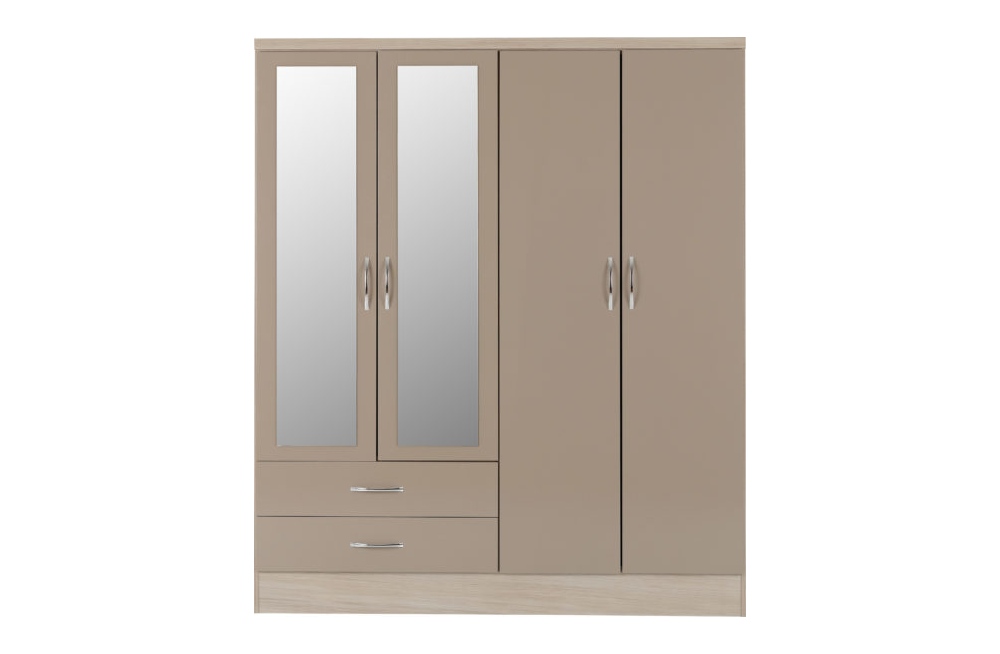 Nevada 4 Door 2 Drawer Mirrored Wardrobe - Oyster Gloss/Light Oak Effect Veneer - furnishopuk