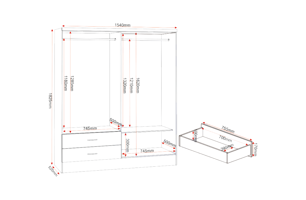 Nevada 4 Door 2 Drawer Mirrored Wardrobe - White Gloss