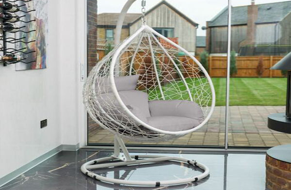 TOUGH MASTER Hanging Egg Swing Chair with Cushion Large White Frame Grey Cushion