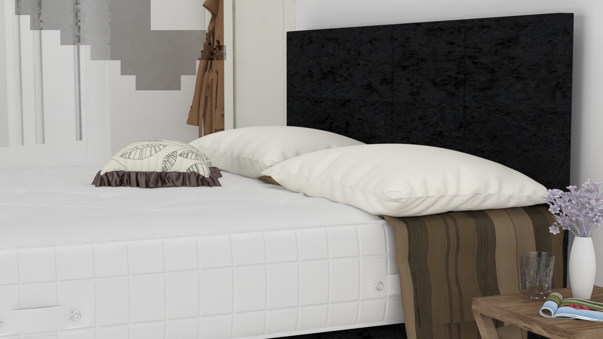 Black Crushed 5 Feet Divan Bed Set With 4 Panel Headboard (Included Feet) And Free Tinsel Top Mattress