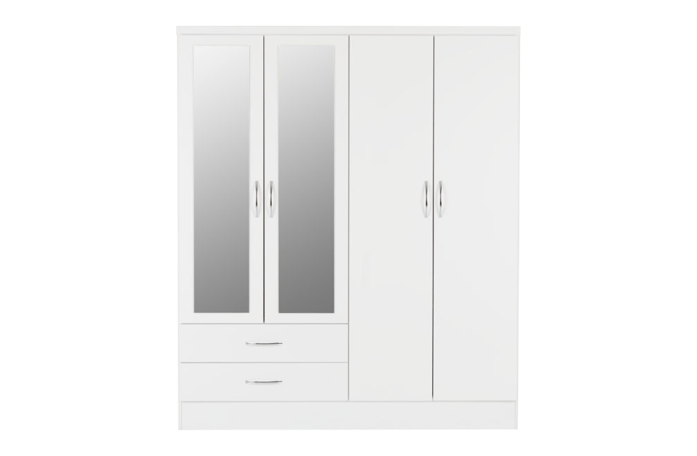 Nevada 4 Door 2 Drawer Mirrored Wardrobe - White Gloss - furnishopuk