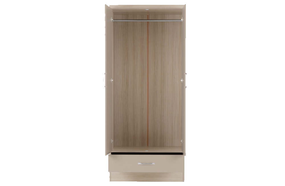 Nevada 2 Door 1 Drawer Wardrobe - Oyster Gloss/Light Oak Effect Veneer - furnishopuk