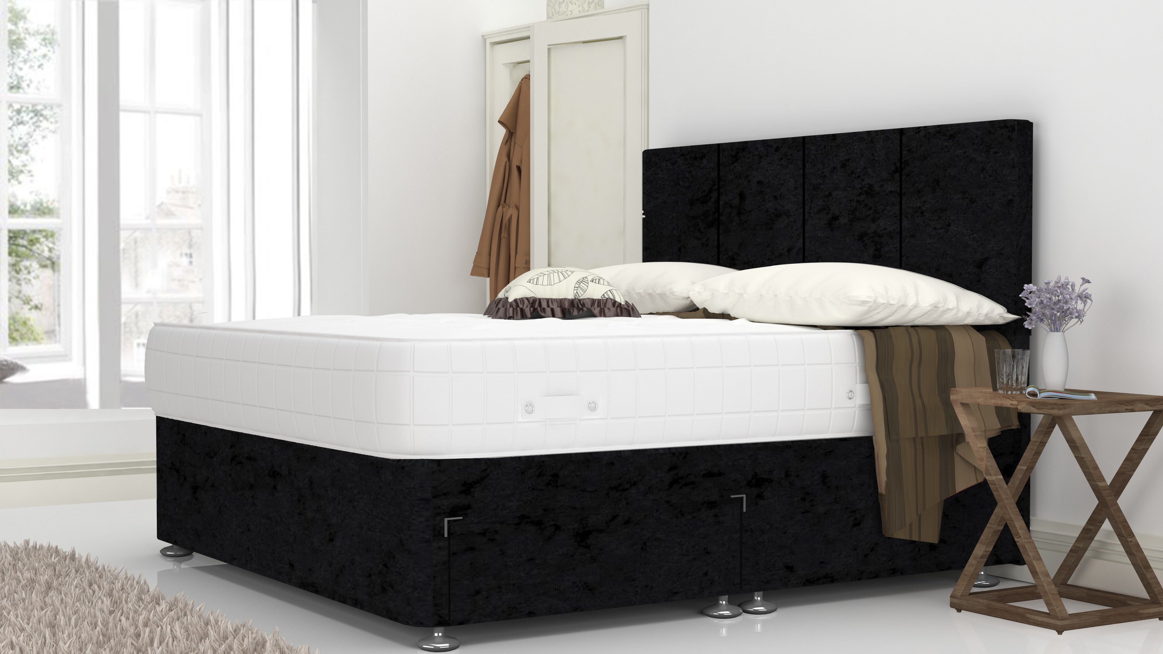 Black Crushed 4FT 6" Divan Bed Set With 4 Panel Headboard (Included Feet) And Free Tinsel Top Mattress