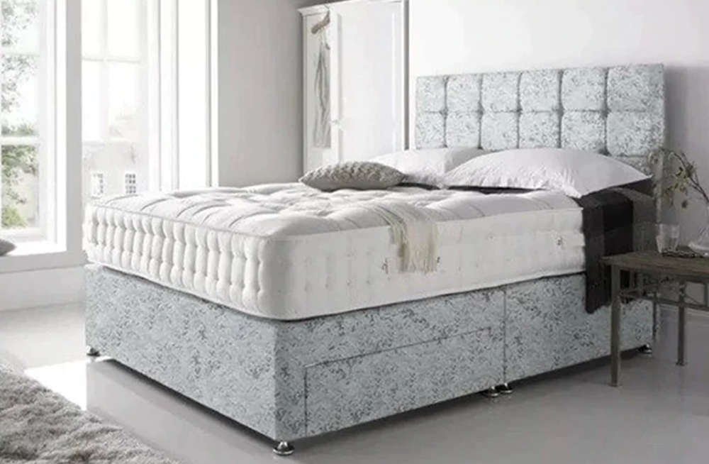 Silver Crushed Velvet Divan Bed Set With Cube Headboard And Free Super 3000 Pocket Tinsel Mattress Free UK Delivery
