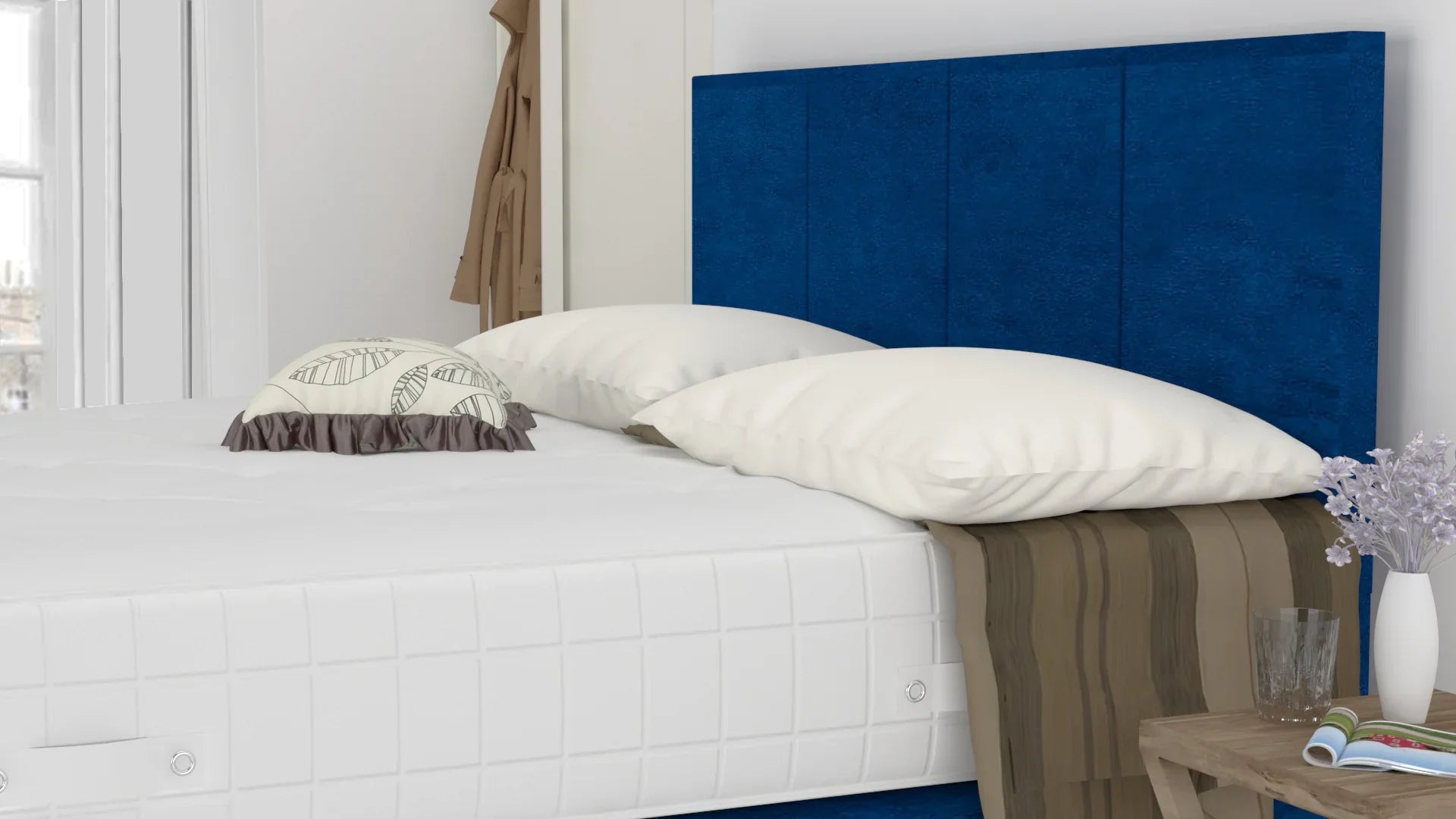 Blue Plush 6 Feet Divan Bed Set With 4 Panel Headboard (Included Feet) And Free Tinsel Top Mattress