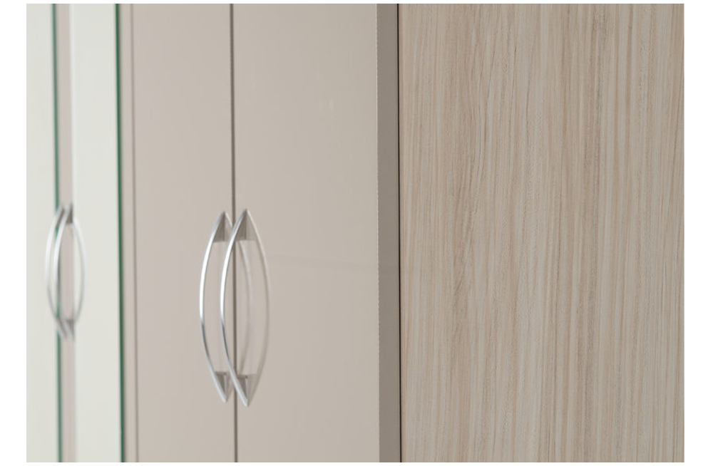 Nevada 4 Door 2 Drawer Mirrored Wardrobe - Oyster Gloss/Light Oak Effect Veneer - furnishopuk