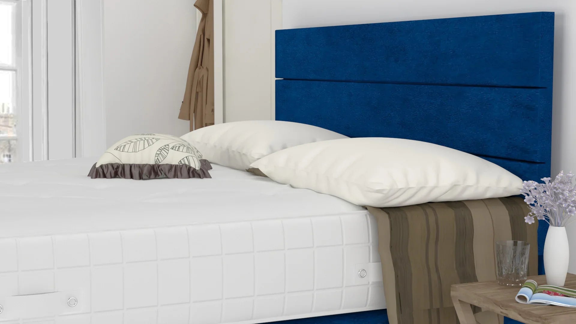 Blue Plush 6 Feet Divan Bed Set With 3 Panel Headboard (Included Feet) And Free Pillow Top Mattress