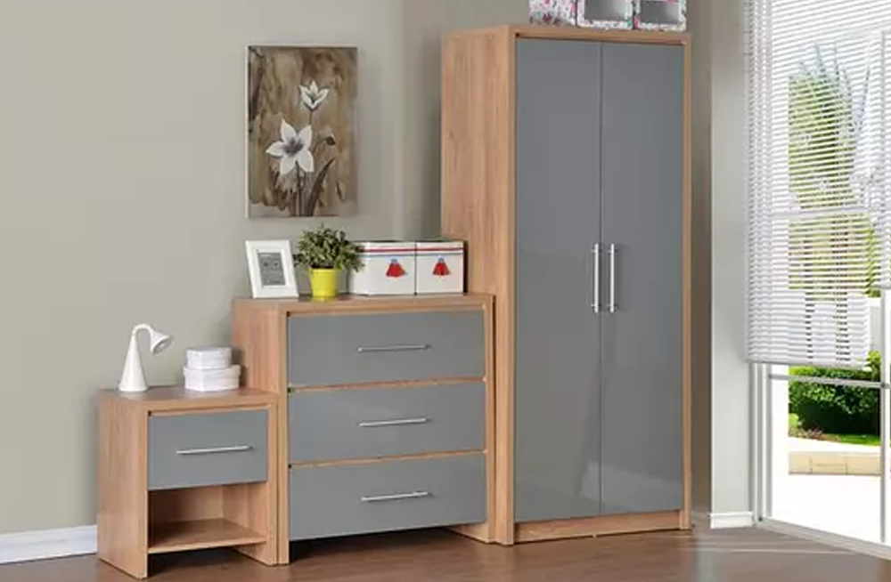 Seville Bedroom Set Grey High Gloss/Light Oak Effect Veneer