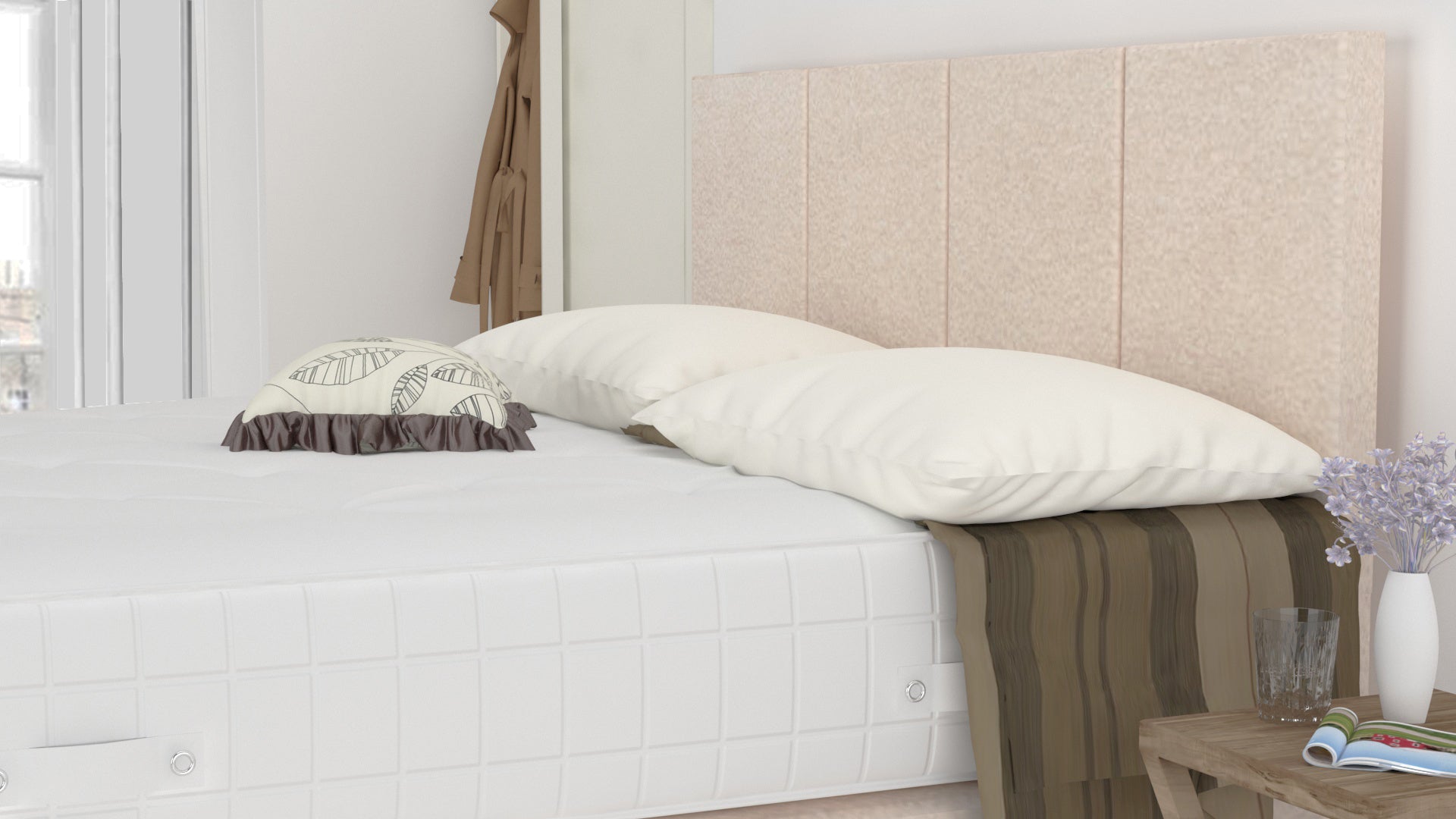 Cream Chanille 5 Feet Divan Bed Set With 4 Panel Headboard (Included Feet) And Free Tinsel Top Mattress