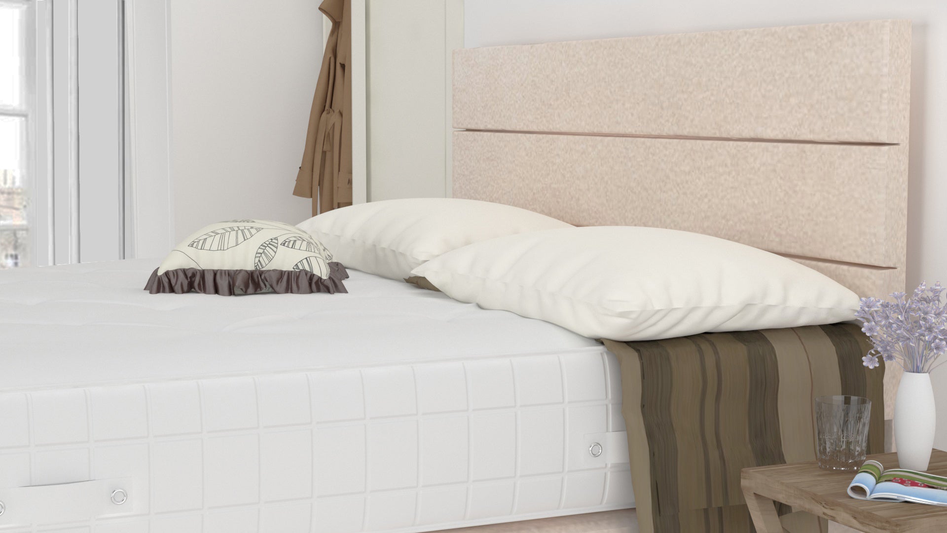 Cream Chanille 5 Feet Divan Bed Set With 3 Panel Headboard (Included Feet) And Free Pillow Top Mattress