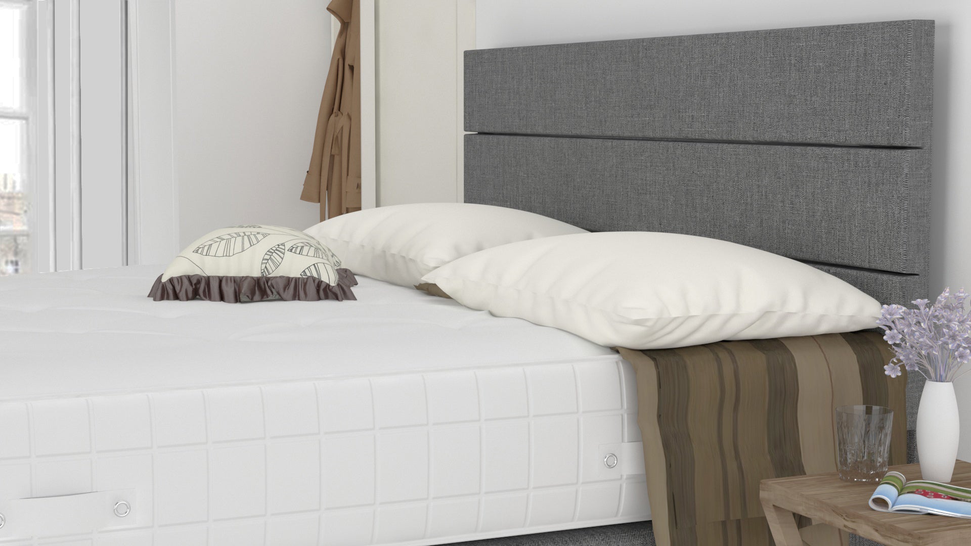Grey Linen 3 Feet Divan Bed Set With 3 Panel Headboard (Included Feet) And Free Pillow Top Mattress
