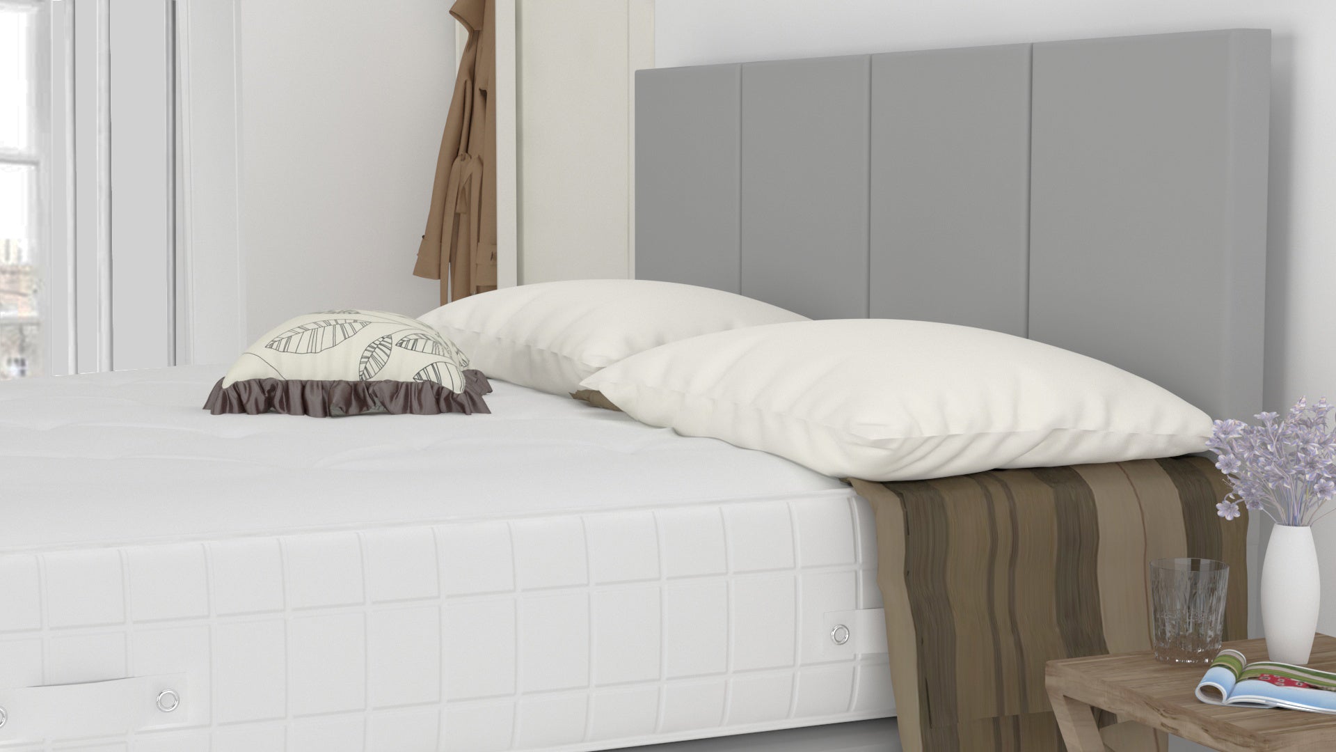Grey Plush Suede 6 Feet Divan Bed Set With 4 Panel Headboard (Included Feet) And Free Tinsel Top Mattress
