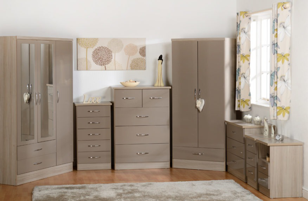 Nevada 2 Door 1 Drawer Wardrobe - Oyster Gloss/Light Oak Effect Veneer - furnishopuk