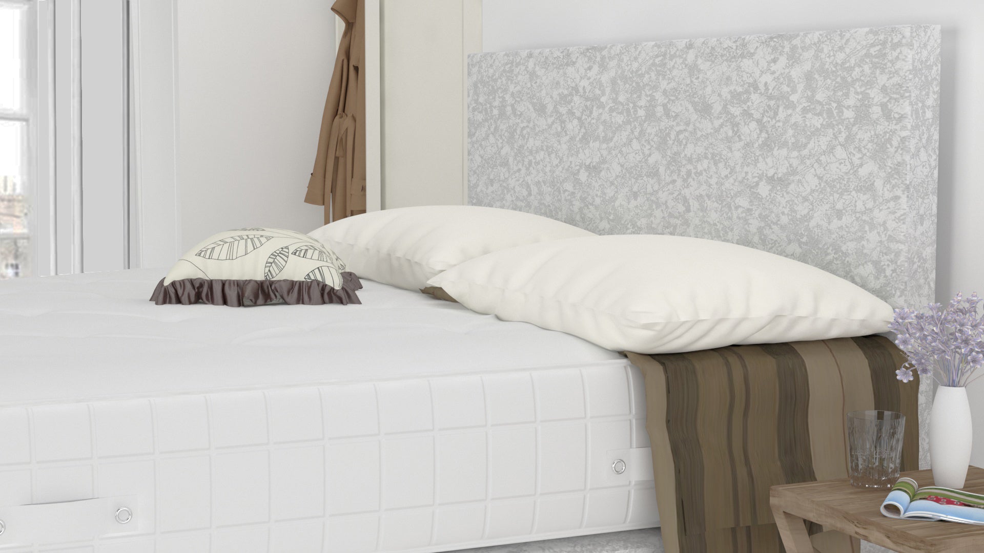 White Crushed Velvet 6 Feet Divan Bed With Plain Headboard (Included Feet) And Free Memory Foam Mattress