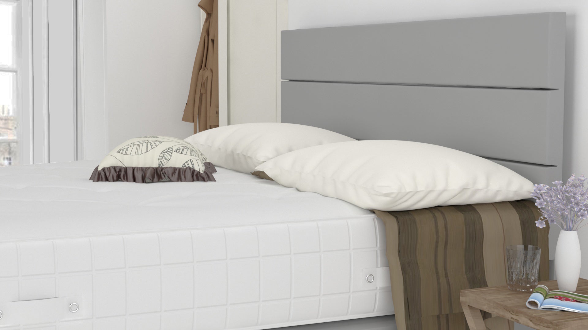 Grey Plush Suede 6 Feet Divan Bed Set With 3 Panel Headboard (Included Feet) And Free Pillow Top Mattress