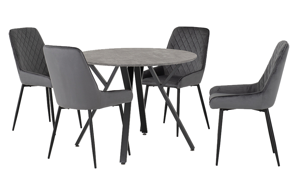 Athens Round Dining Set with Avery Chairs Concrete Effect/Black/Grey Velvet