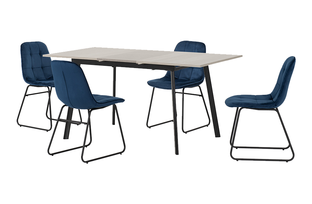Avery Extending Dining Set with Lukas Chairs Concrete/Grey Oak Effect/Sapphire Blue Velvet