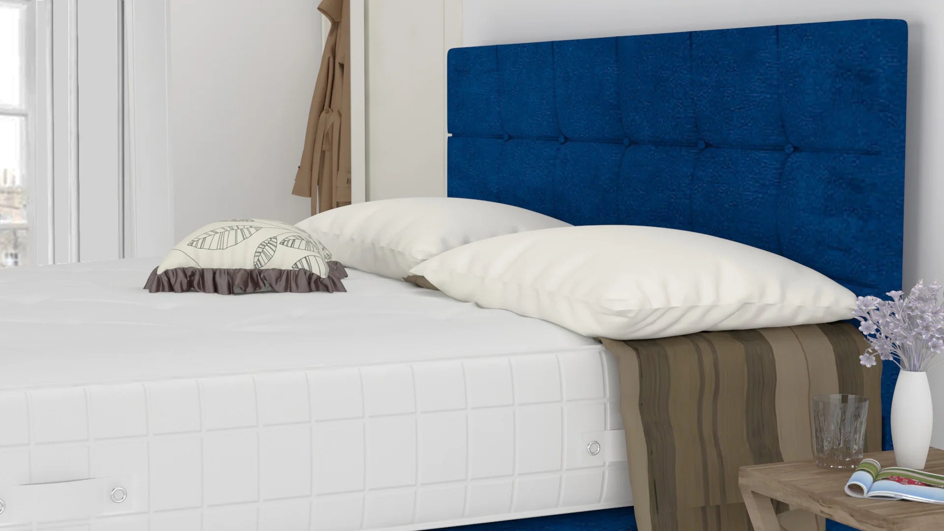 Blue Plush 3 Feet Divan Bed Set With Cube Headboard (Included Feet) And Free Orthopedic Mattress