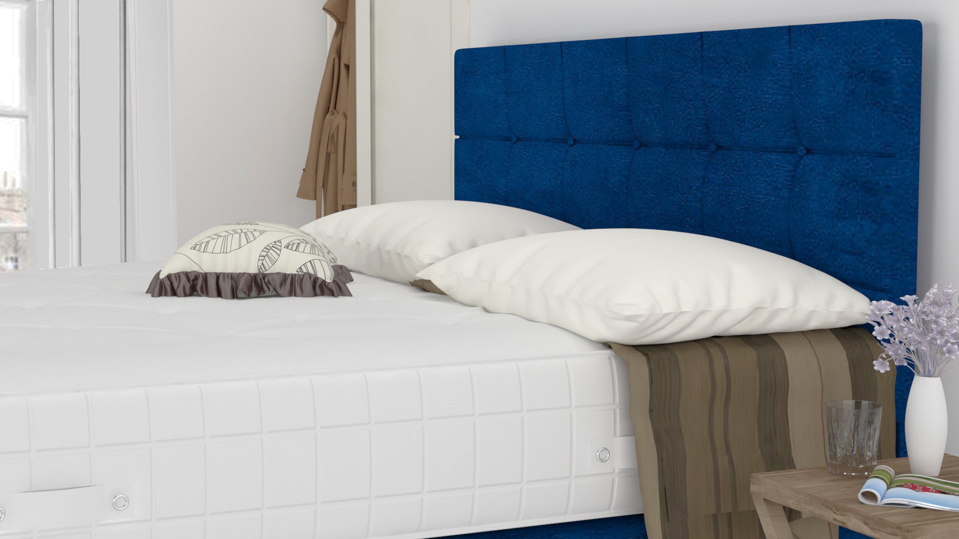 Blue Plush 6 Feet Divan Bed Set With Cube Headboard (Included Feet) And Free Orthopedic Mattress