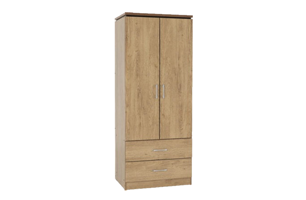 Charles 2 Door 2 Drawer Wardrobe - Oak Effect Veneer with Walnut Trim - furnishopuk