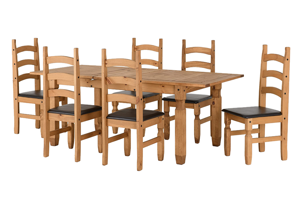 Corona Extending Dining Set(6 Chairs) - Distressed Waxed Pine/Brown Faux Leather