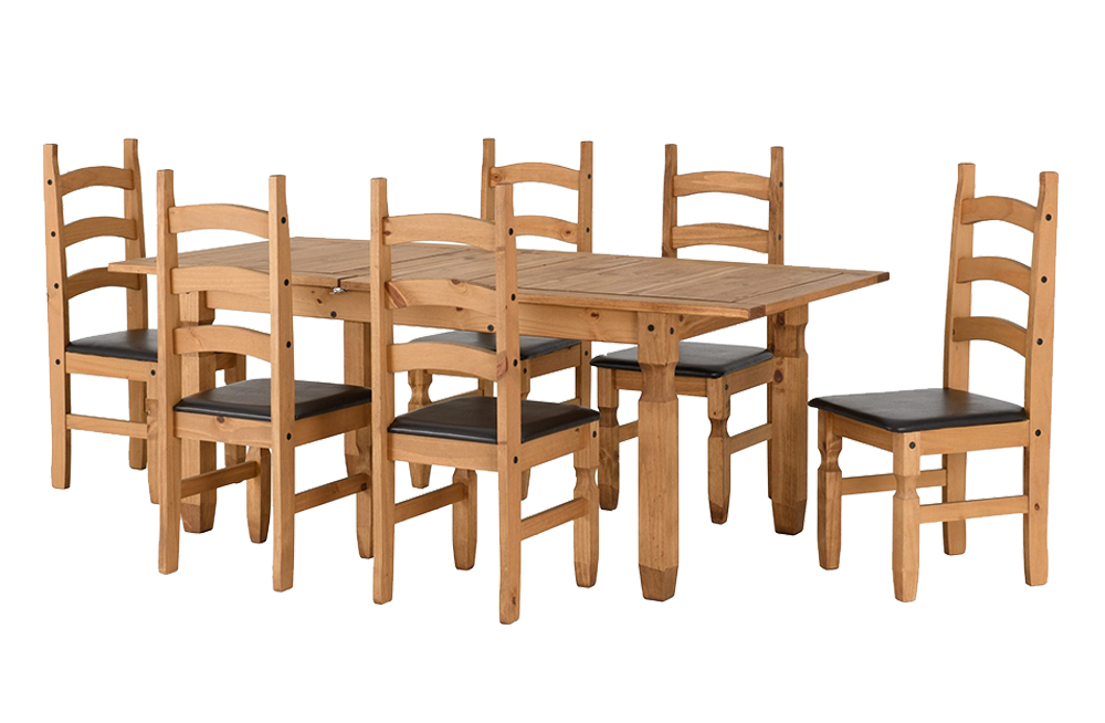 Corona Extending Dining Set(6 Chairs) - Distressed Waxed Pine/Brown Faux Leather - furnishopuk