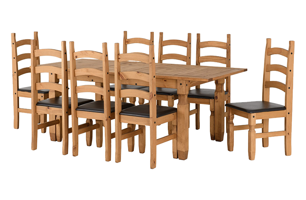 Corona Extending Dining Set(8 Chairs) - Distressed Waxed Pine/Brown Faux Leather
