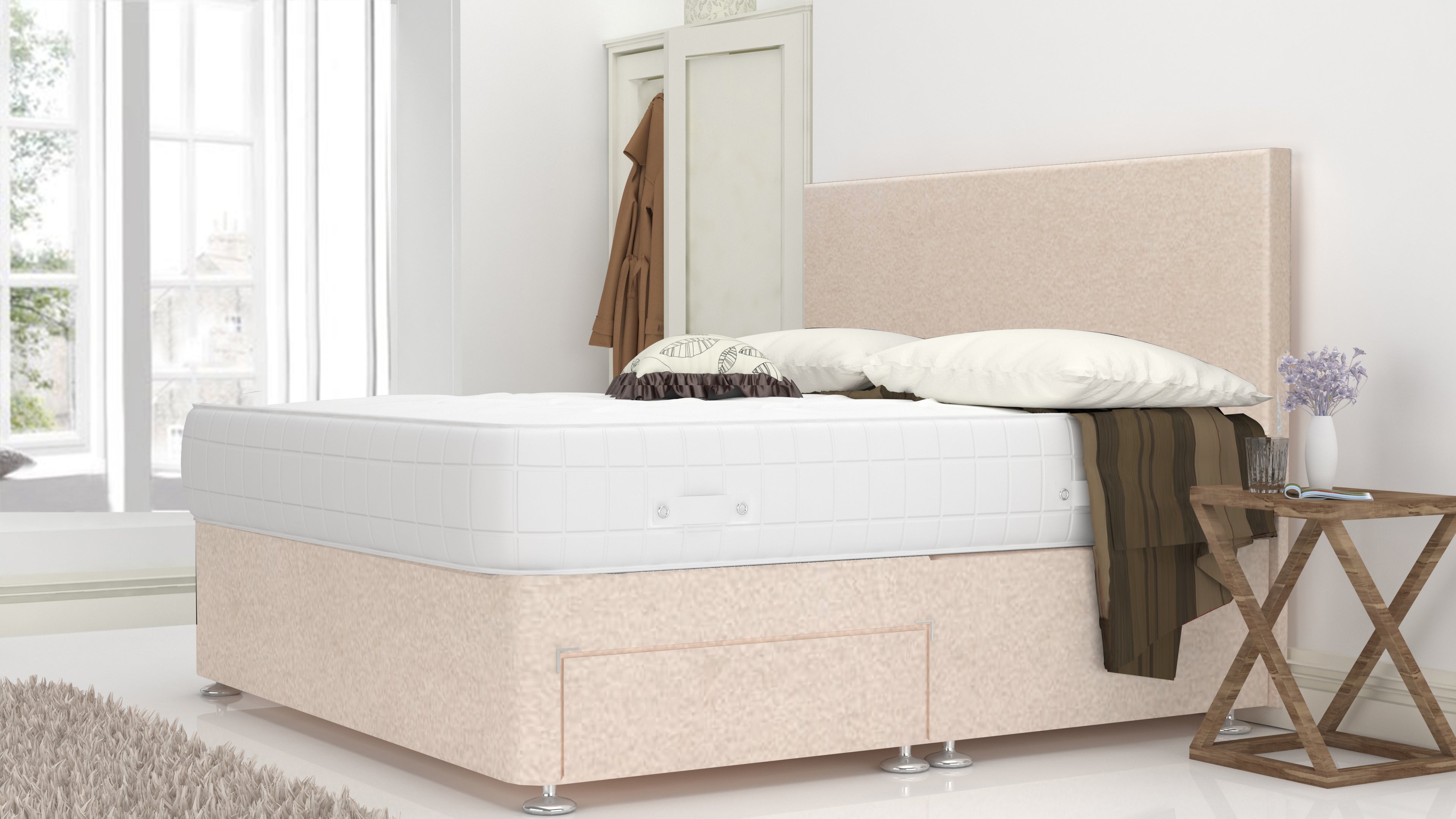 Cream Chanille 5 Feet Divan Bed Plain Headboard (Included Feet) And Free Memory Foam Mattress