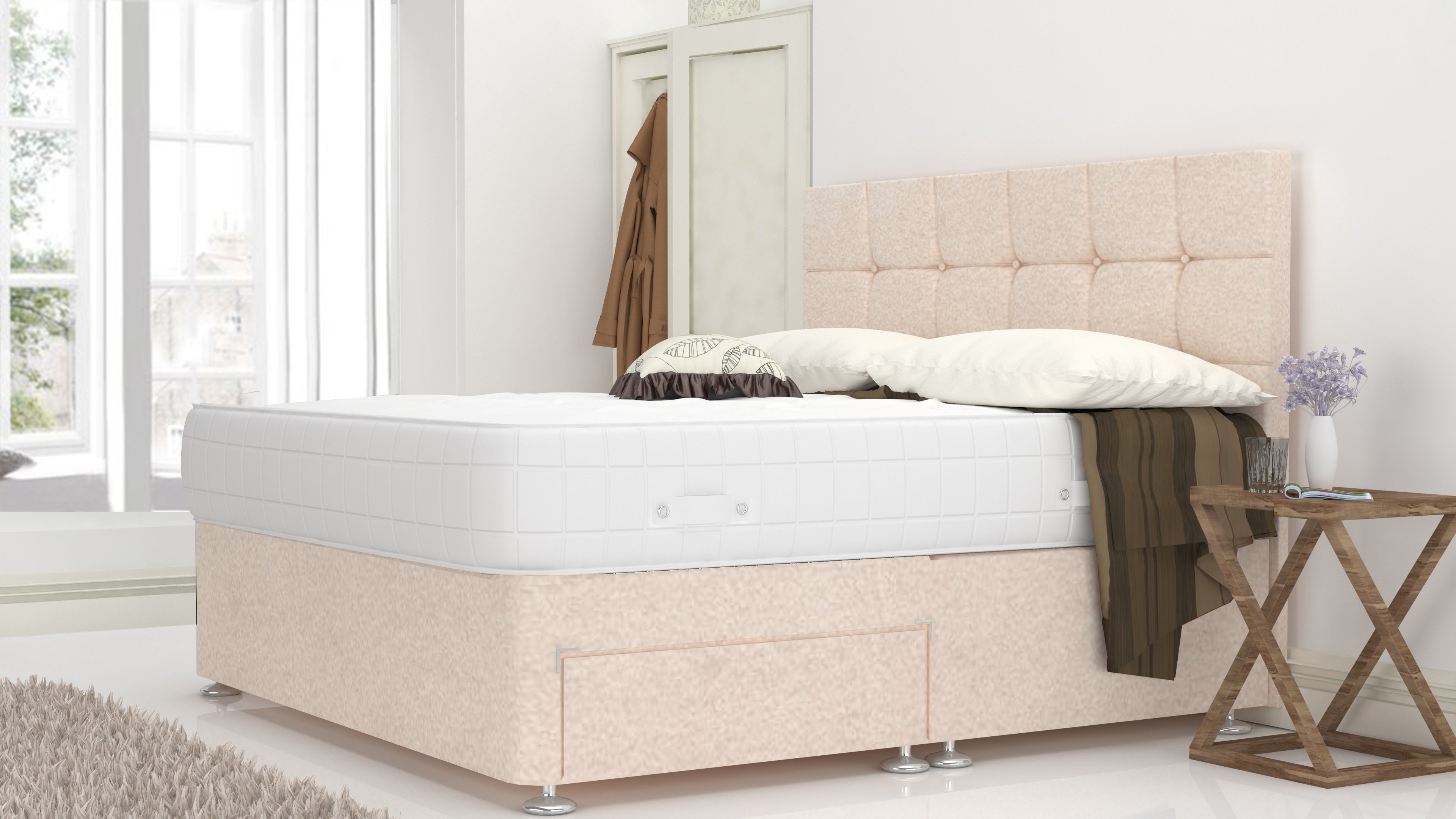 Cream Chanille 5 Feet Divan Bed Set With Cube Headboard (Included Feet) And Free Orthopedic Mattress