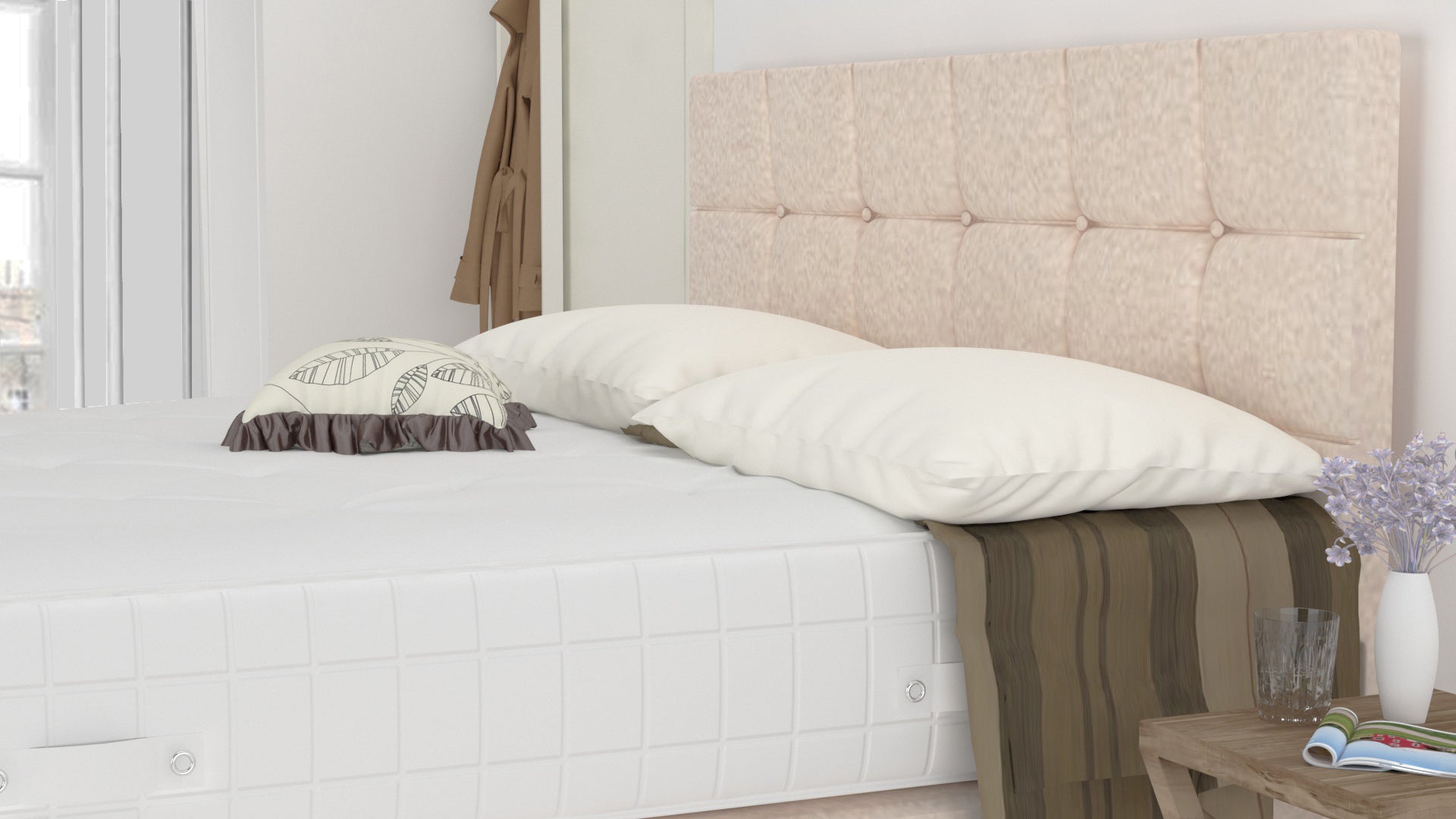 Cream Chanille 5 Feet Divan Bed Set With Cube Headboard (Included Feet) And Free Orthopedic Mattress