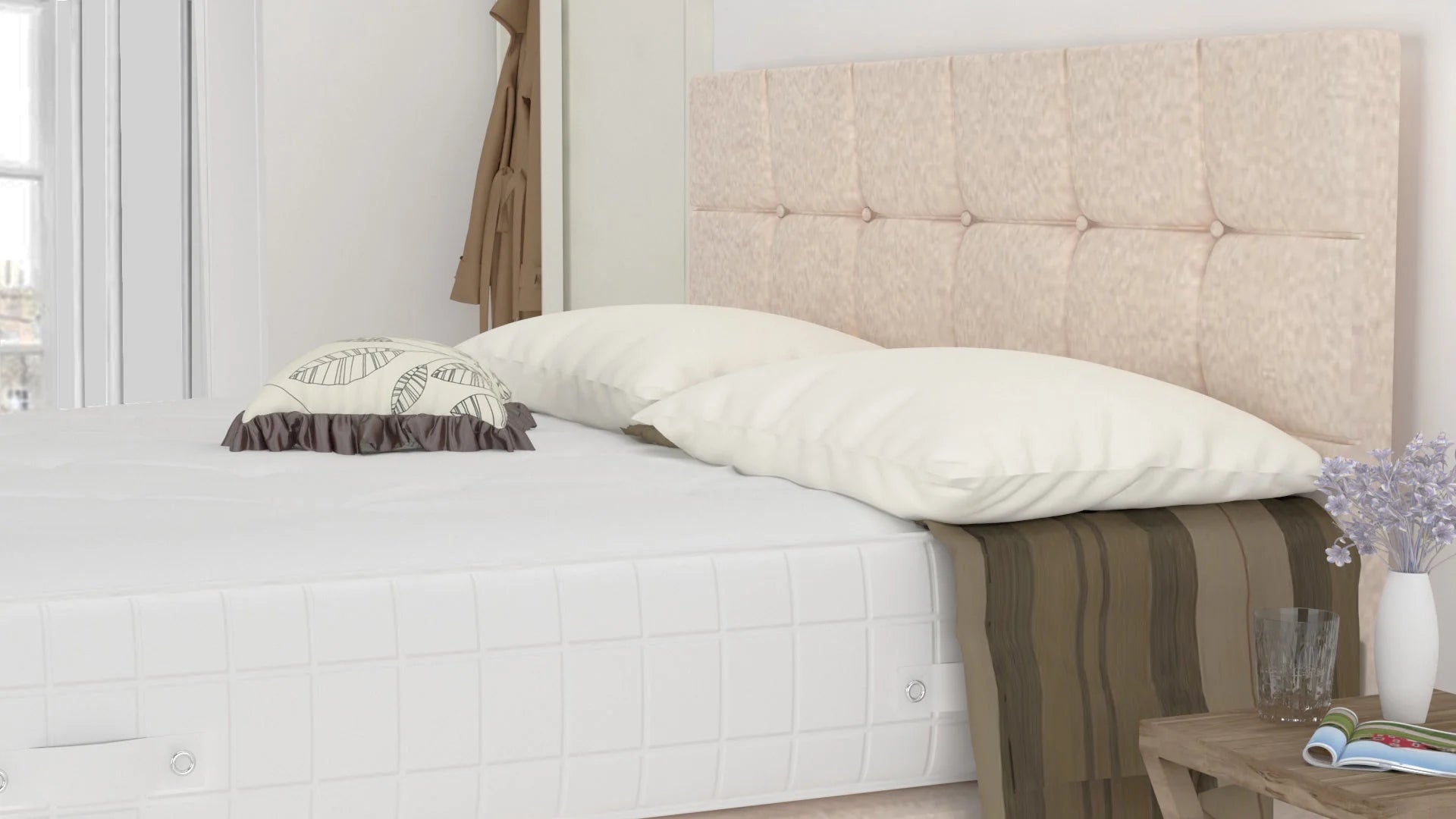 Cream Chanille 6 Feet Divan Bed Set With 4 Panel Headboard (Included Feet) And Free Tinsel Top Mattress