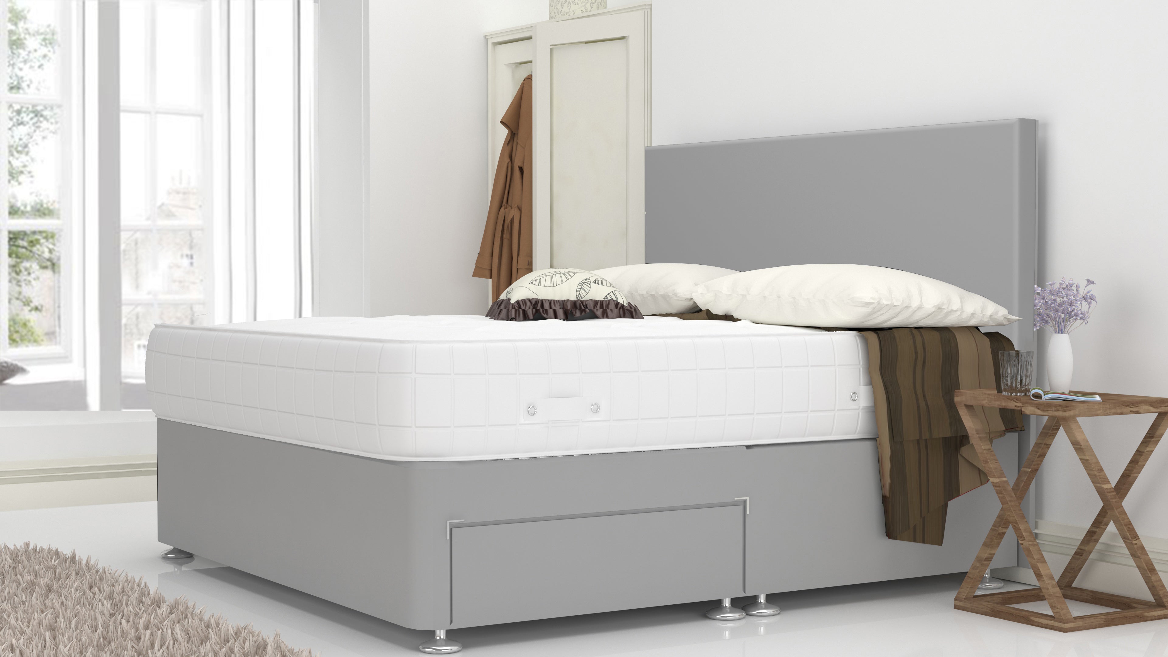 Grey Plush Suede 6 Feet Divan Bed Set With Plain Headboard (Included Feet) Option And Free Memory Foam Mattress
