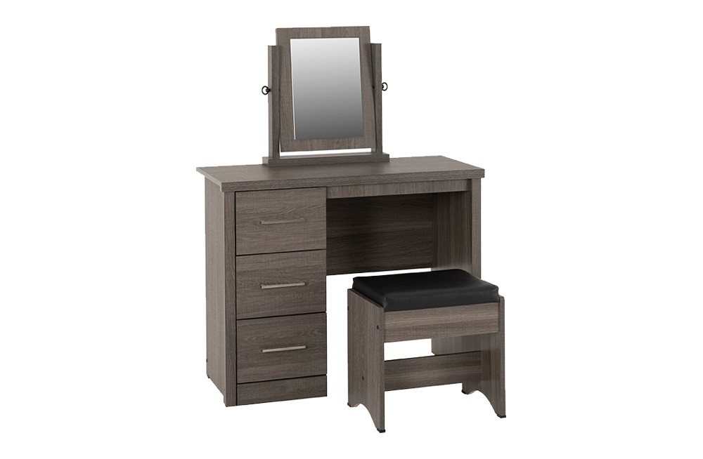 Lisbon 3 Piece Dressing Table Set with Mirror - Black Wood Grain/Black Faux Leather - furnishopuk