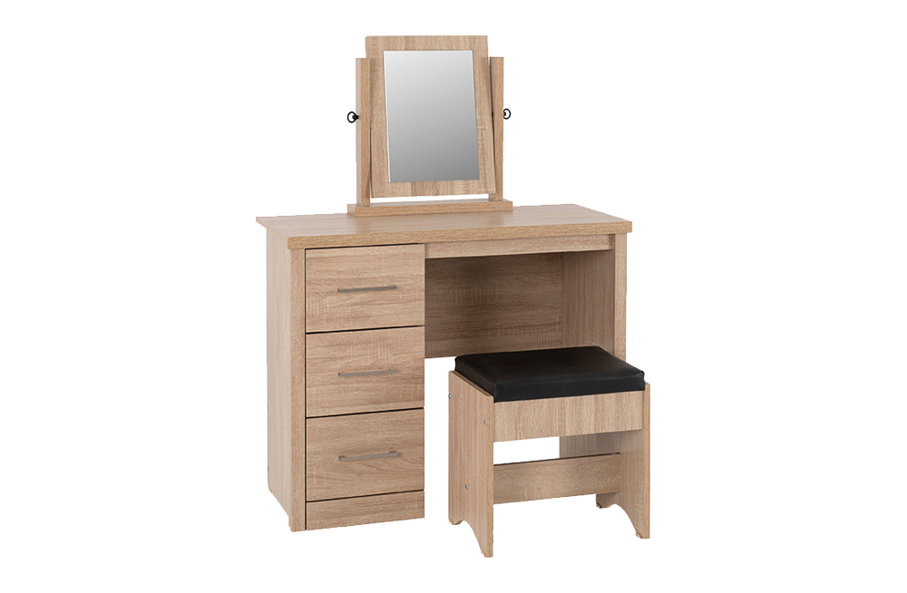Lisbon 3 Piece Dressing Table Set with Mirror - Light Oak Effect Veneer/Black Faux Leather - furnishopuk