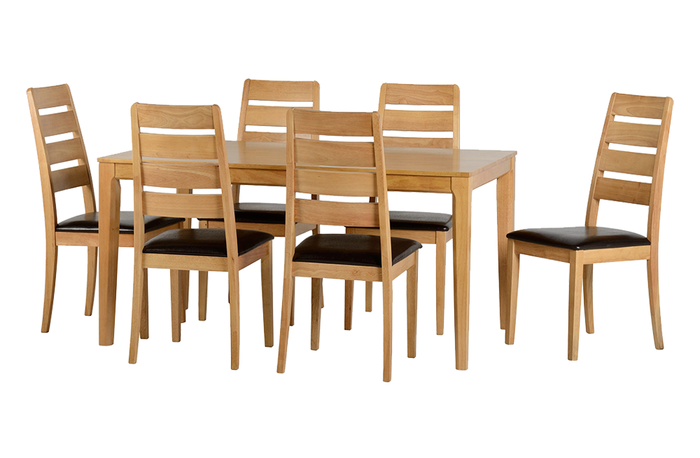 Logan Large Dining Set - Oak Varnish/Brown Faux Leather - furnishopuk